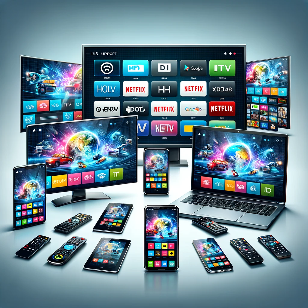 DALL·E 2024 06 02 03.01.31 An image showing a variety of devices that support IPTV streaming similar to the provided example. Include a smart TV a computer a tablet a smartp